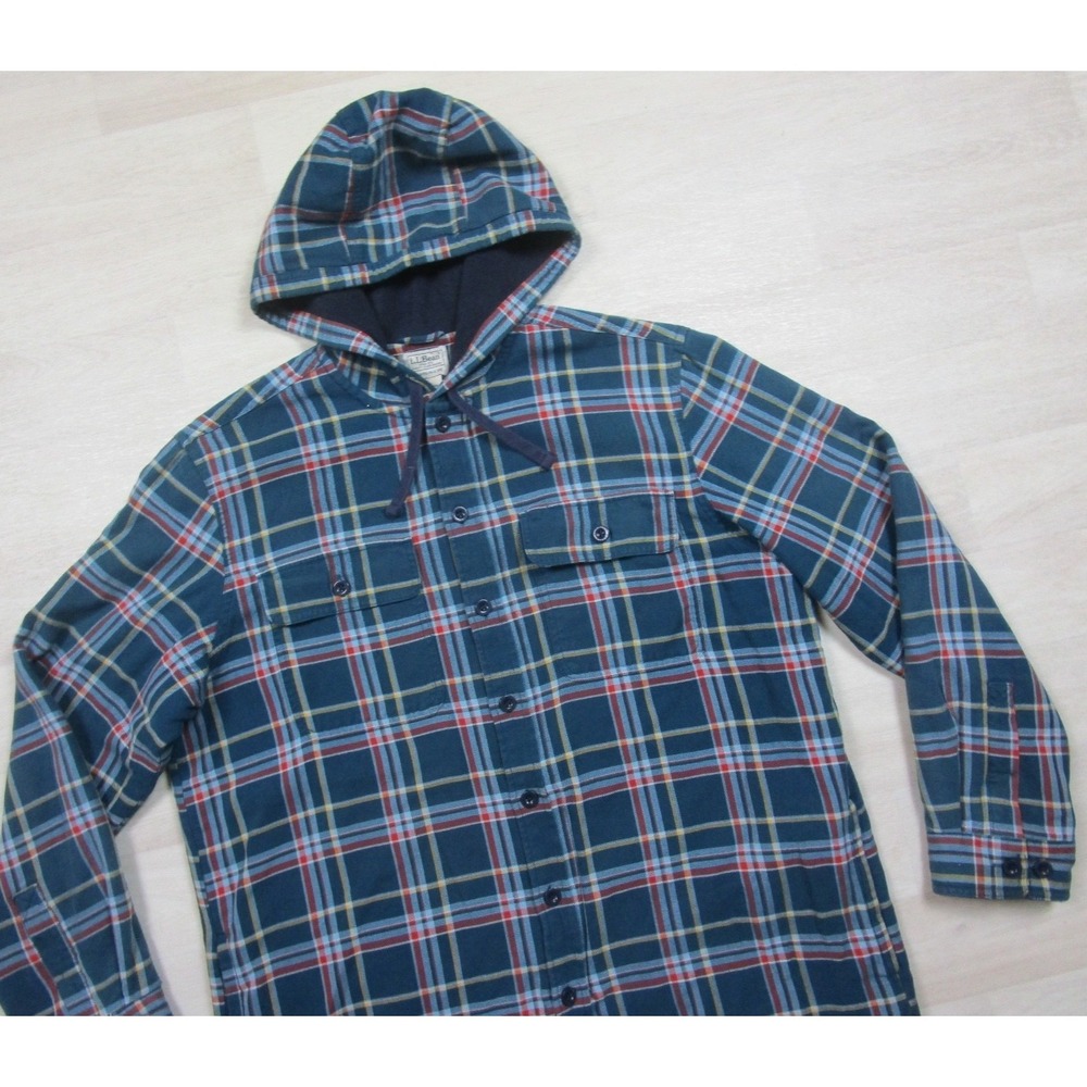 Vintage Y2K LL Bean Fleece Lined Flannel Full Zip Hoodie Mens (L) Plaid Workwear - Picture 3 of 11